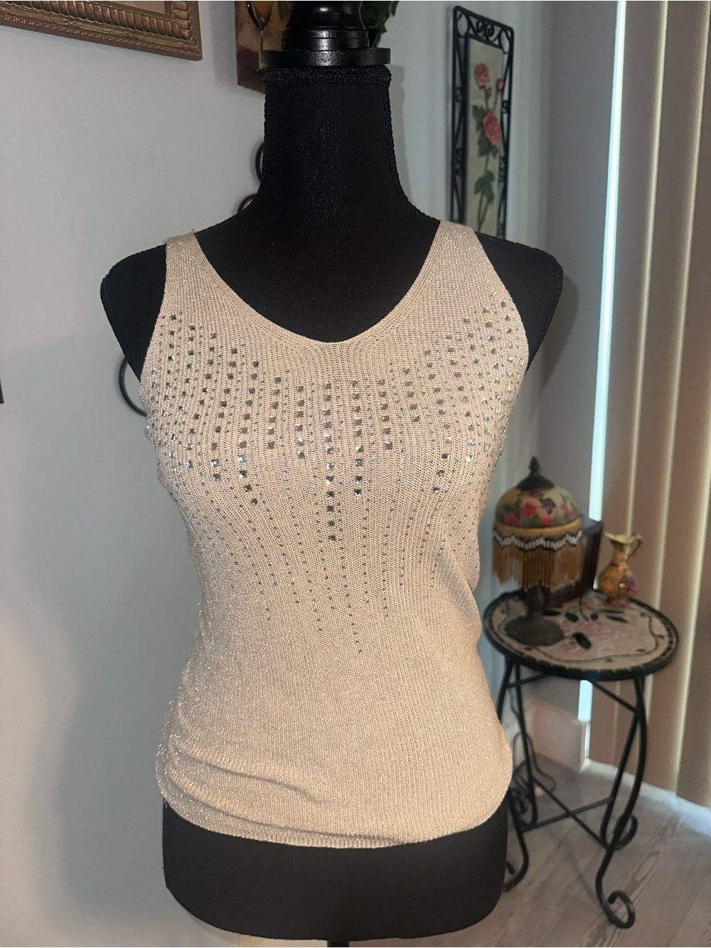 Vintage Y2K Beige Solid Knit Rhinestone Scoop Neck Sleeveless Tank Top, Size S